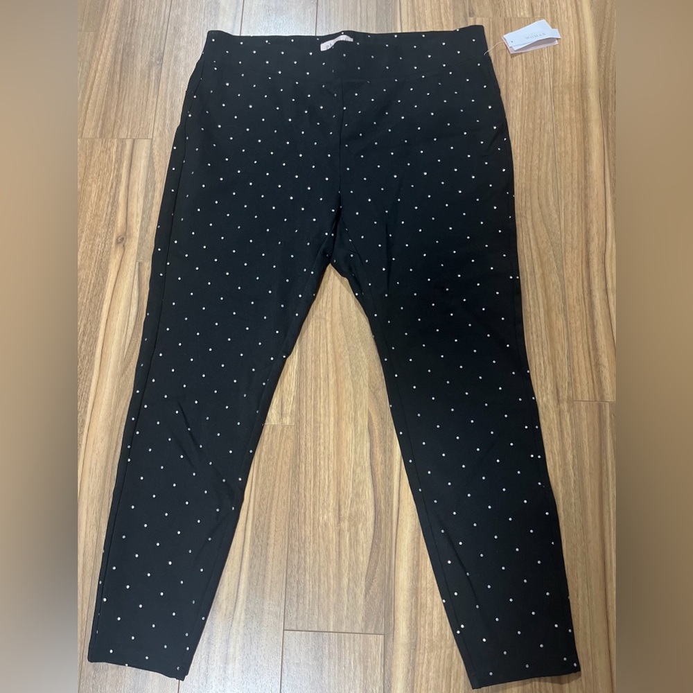 NWT Philosophy 1X Waistband Pull On Women's Dress Pants Black with Gray dots